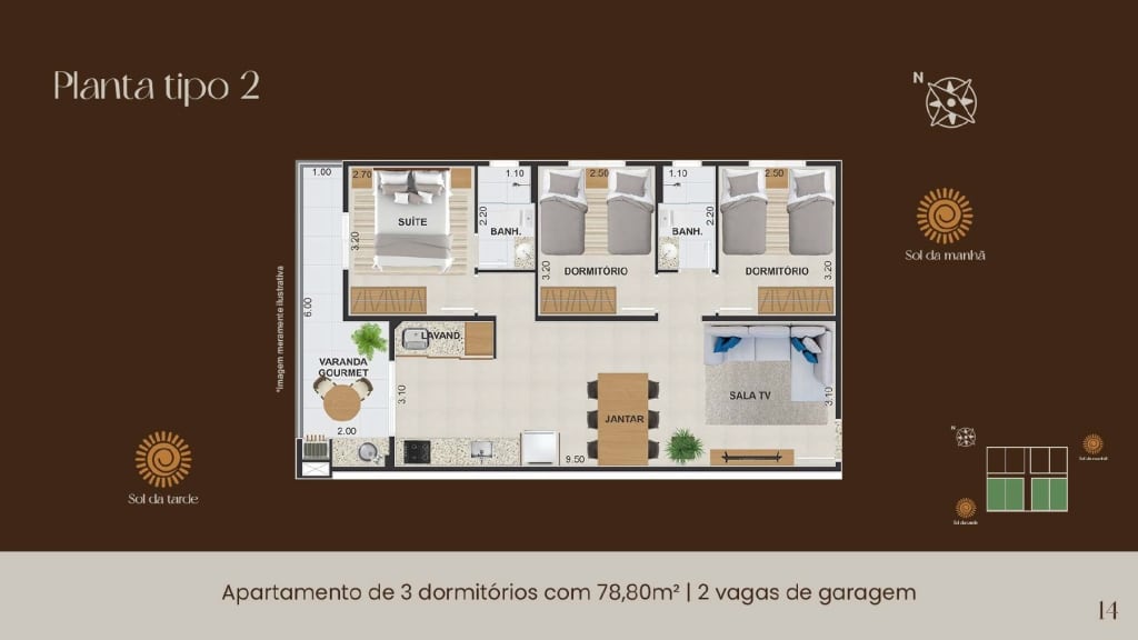 Apartamento tipo 2_apartamento na planta_ Ubatuba_Tahiti Residence