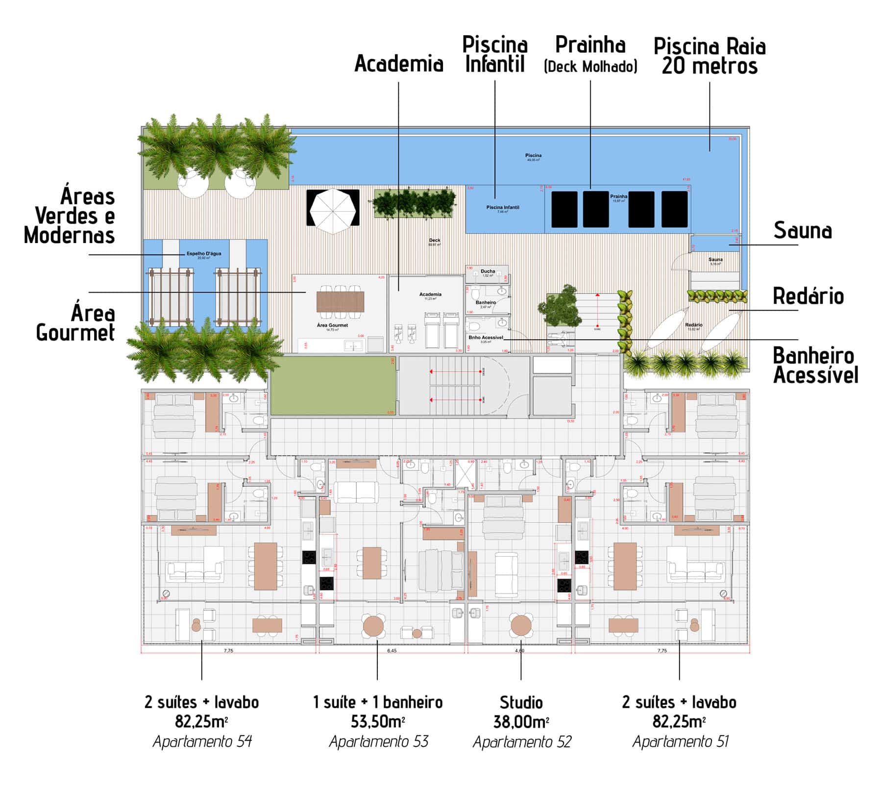 Implantação area de lazer - Apartamento na Planta - Waimea 250 - construtora DS2 - Praia das Toninhas - Ubatuba