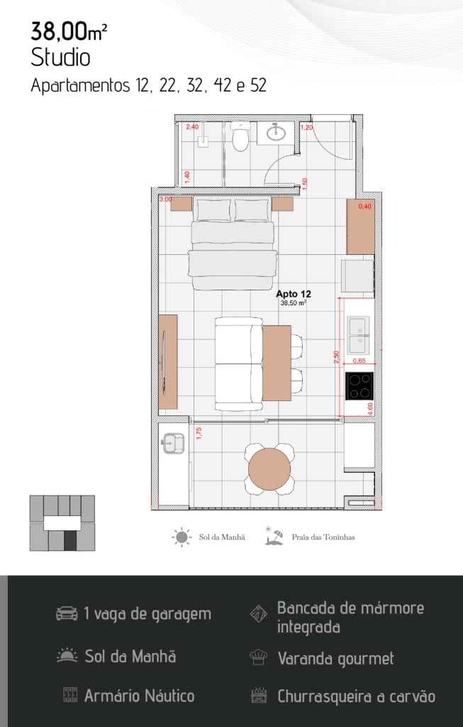 Planta de 38 m2 (final 2) - Apartamento na Planta - Waimea 250 - construtora DS2 - Praia das Toninhas - Ubatuba
