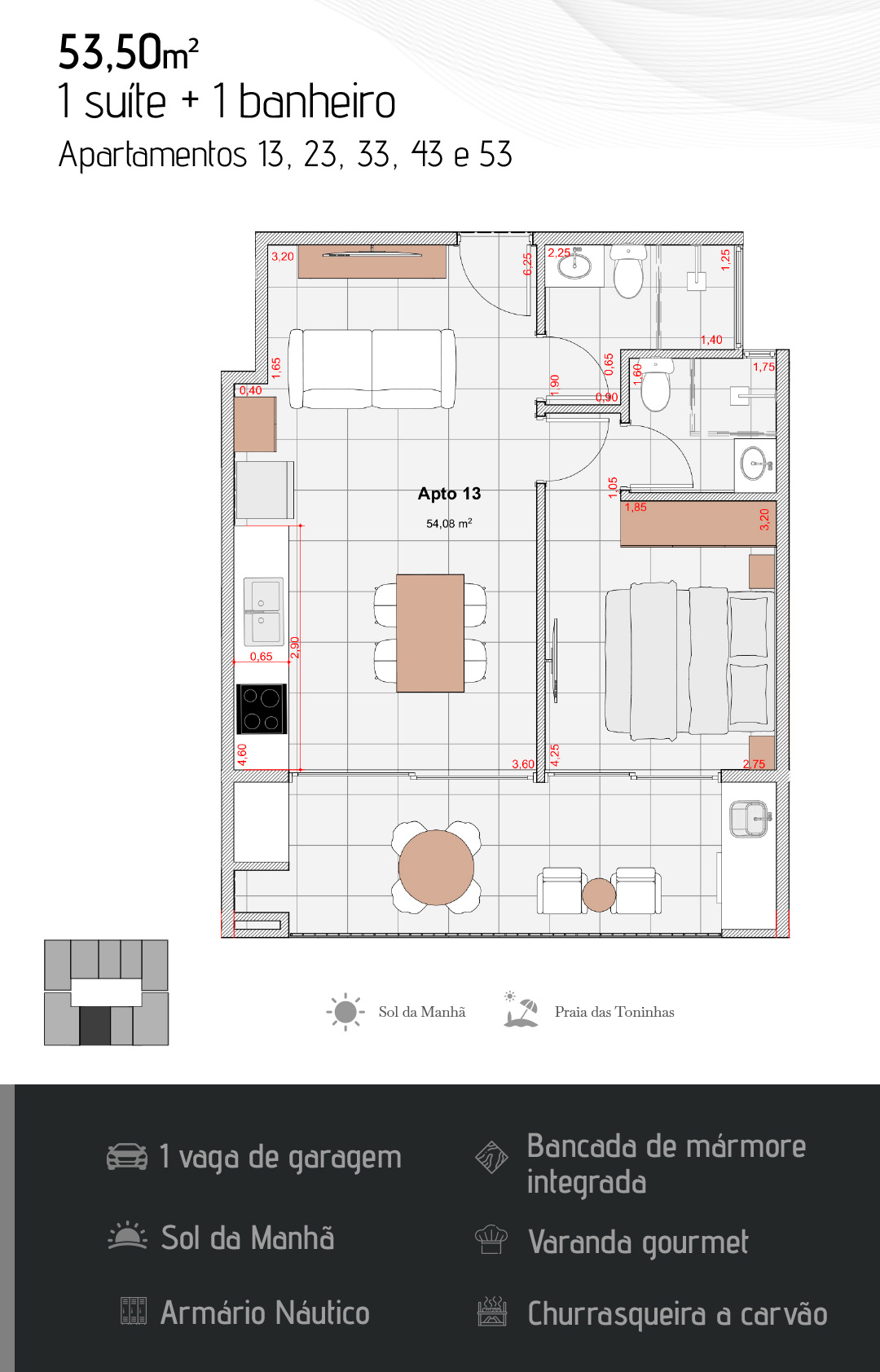 Planta de 53,50 m2 (final 3) - Apartamento na Planta - Waimea 250 - construtora DS2 - Praia das Toninhas - Ubatuba