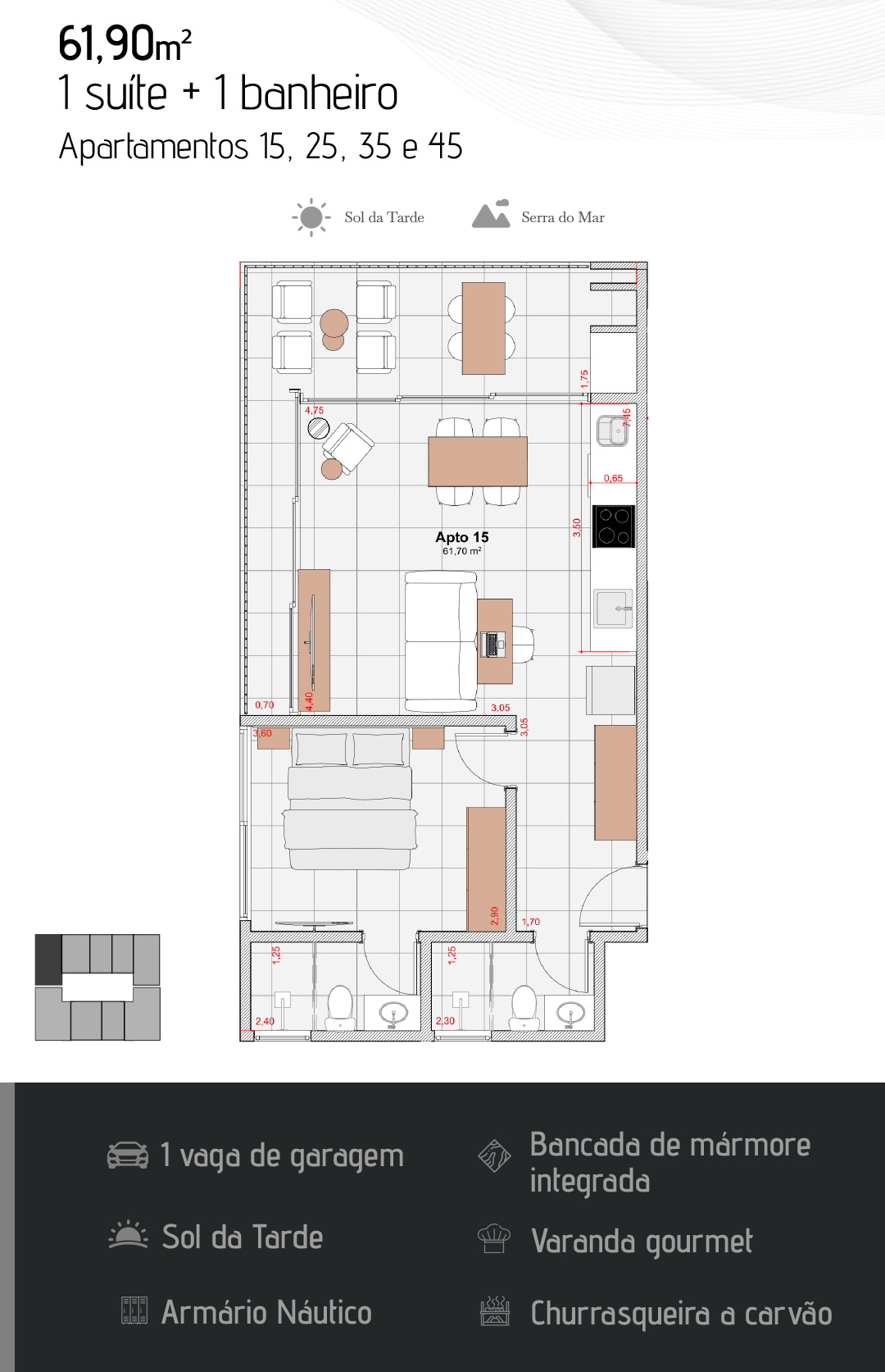 Planta de 61,90 m2 (final 5) - Apartamento na Planta - Waimea 250 - construtora DS2 - Praia das Toninhas - Ubatuba