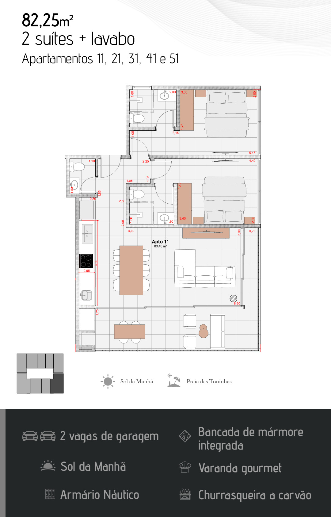 Planta de 82,25 m2 - Apartamento na Planta - Waimea 250 - construtora DS2 - Praia das Toninhas - Ubatuba