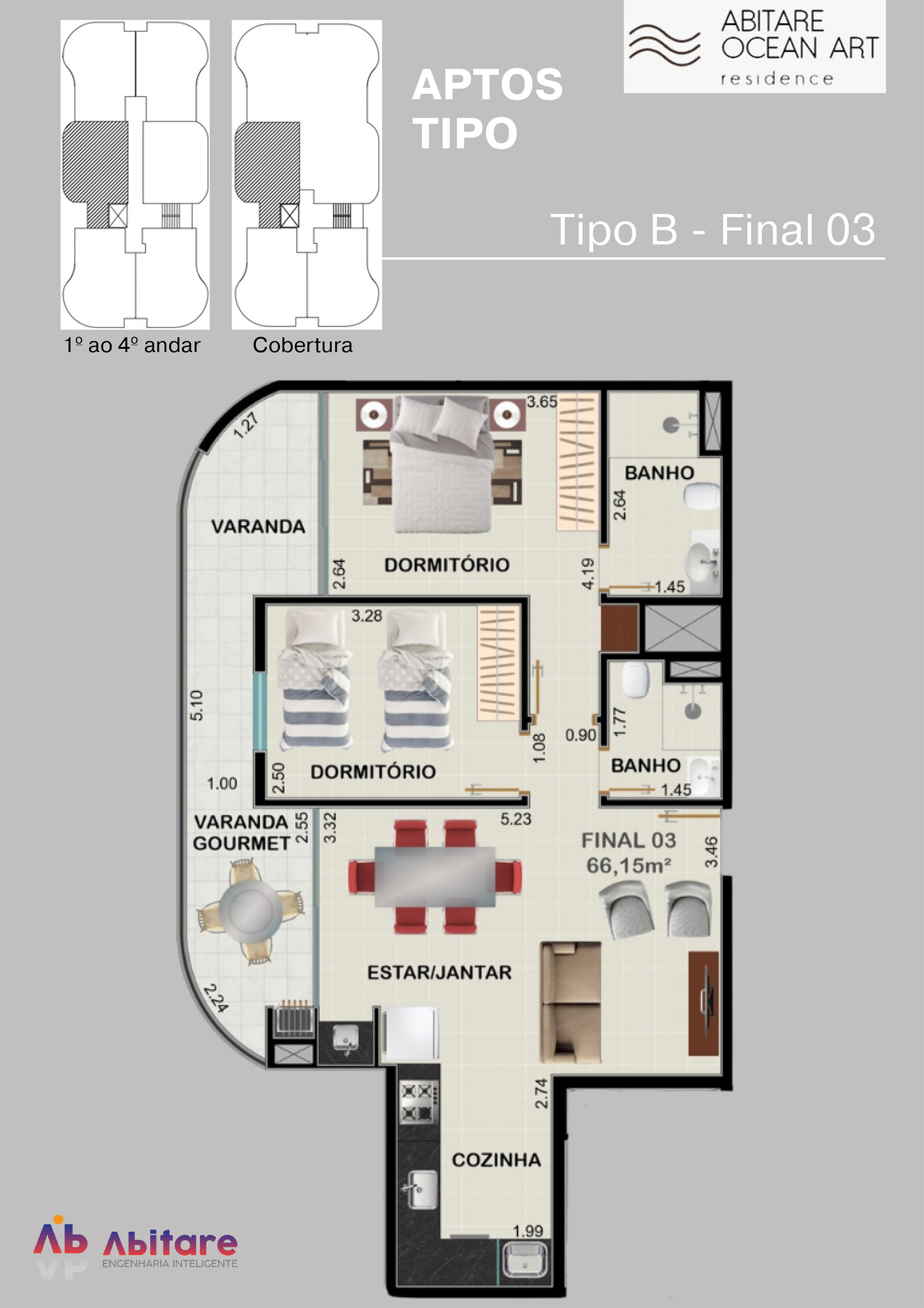 tipo B - Plantas (Pontas) Apartamento na Planta Abitare Ocean Art na Praia do Itagua