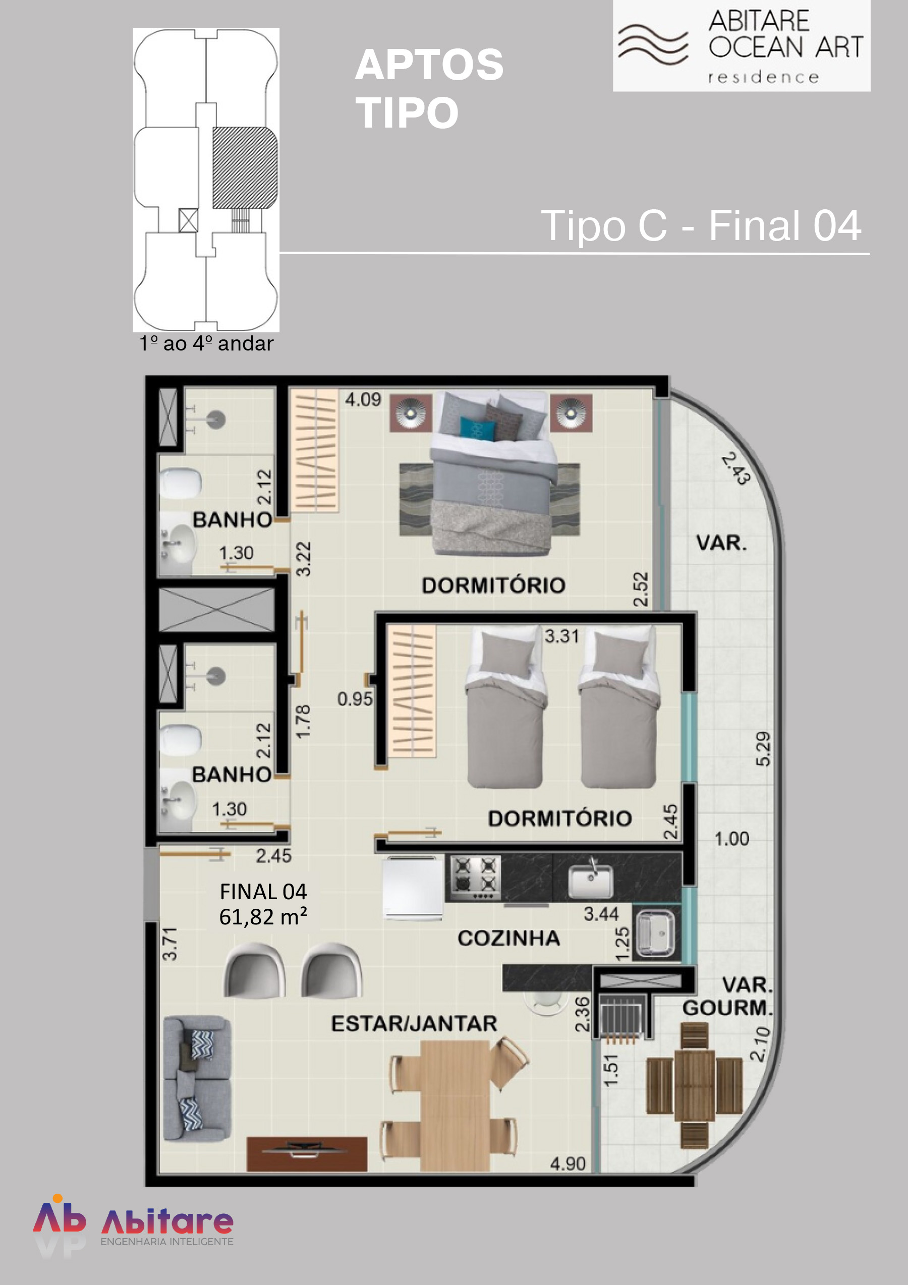 tipo C - Plantas (Pontas) Apartamento na Planta Abitare Ocean Art na Praia do Itagua