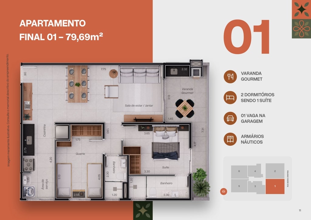 Planta apartamento final 01 do Apartamento na Planta Res. Amburana na Praia do Tenório em Ubatuba