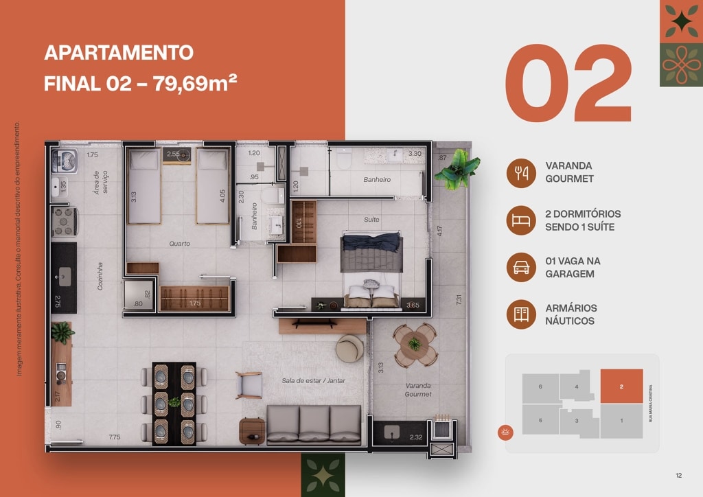 Planta apartamento final 02 do Apartamento na Planta Res. Amburana na Praia do Tenório em Ubatuba