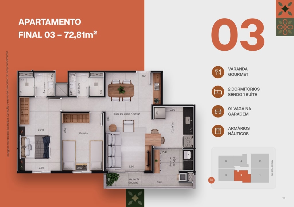 Planta apartamento final 03 do Apartamento na Planta Res. Amburana na Praia do Tenório em Ubatuba