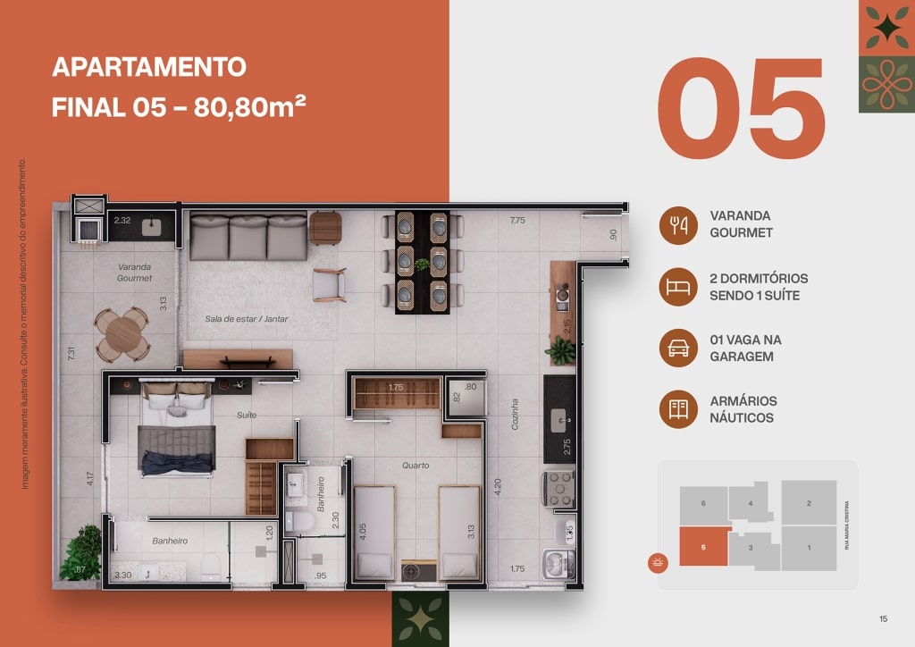 Planta apartamento final 05 do Apartamento na Planta Res. Amburana na Praia do Tenório em Ubatuba