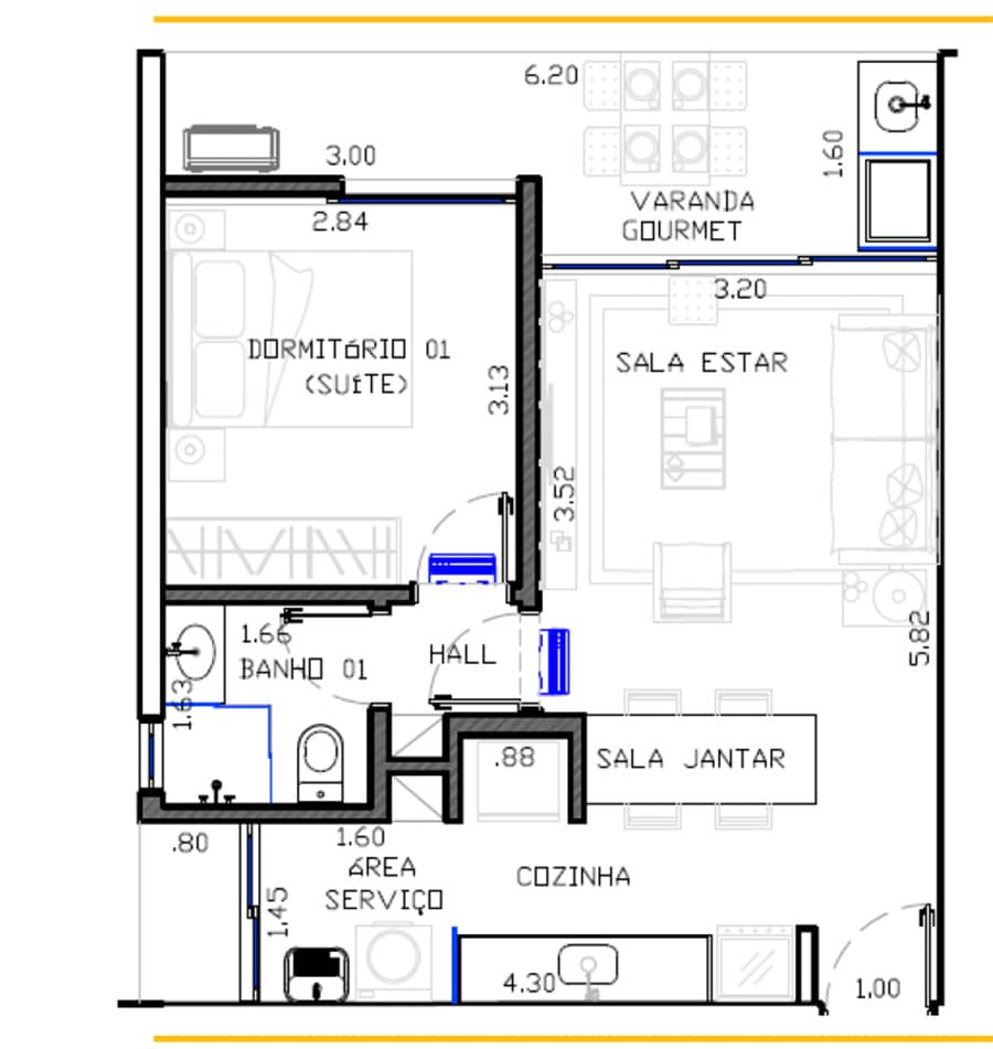 Planta 1 dormitorio de 50 m2_Apartamento na Planta Aryeh localizado Praia do Tenorio Ubatuba Construtora Rocha Real