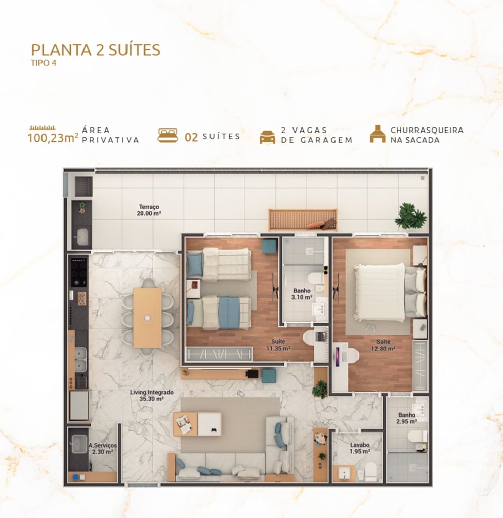 Planta 2 suites_Apartamento na Planta - Pe na areia - Ubatuba - Enseada Palms