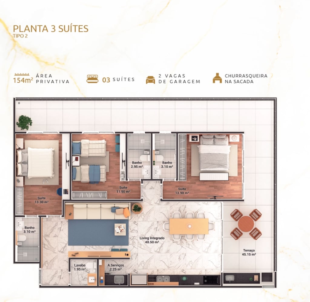 Planta 3 suites_Apartamento na Planta - Pe na areia - Ubatuba - Enseada Palms