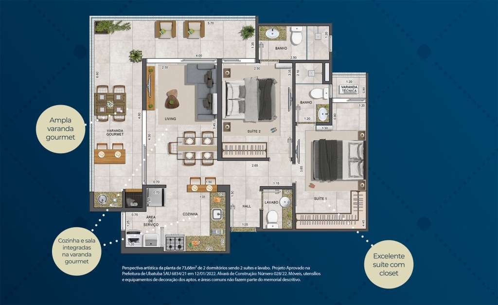 Plantas - 73.68 m2 - Ambar Residencial _ Praia das Toninhas - Ubatuba