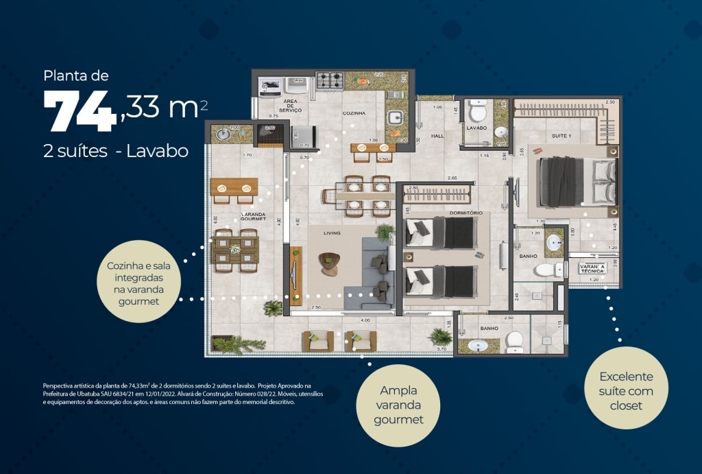 Planta do apt de 74.33 m2 - Ambar Residencial _ Praia das Toninhas - Ubatuba