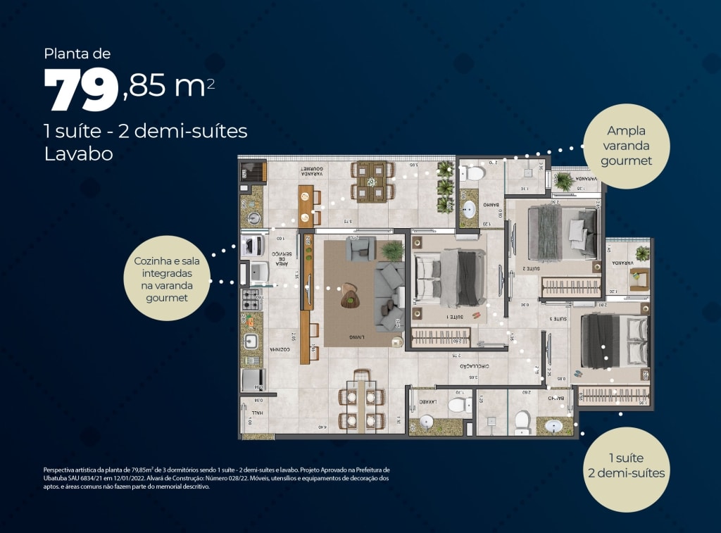 Planta do apt. de 79.85 m2 - Ambar Residencial _ Praia das Toninhas - Ubatuba