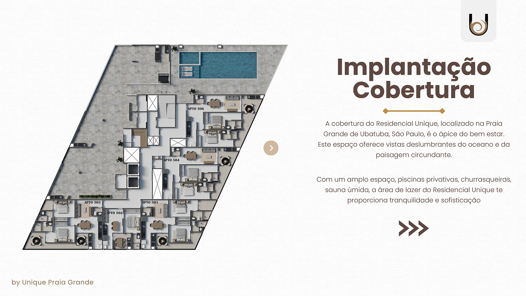 Implantacao área da cobertura - apartamento na planta - Unique Praia Grande - Ubatuba