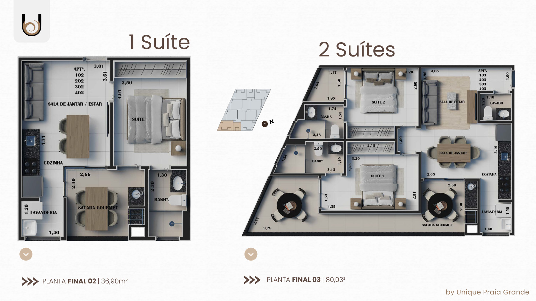Opções de planta - final 2 e 3 - apartamento na planta - Unique Praia Grande - Ubatuba