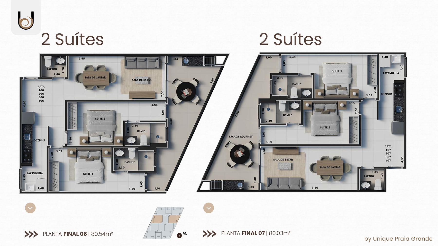 Opções de planta - final 6 e 7 - apartamento na planta - Unique Praia Grande - Ubatuba