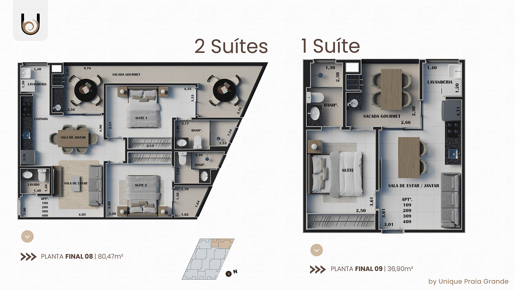 Opções de planta - final 8 e 9 - apartamento na planta - Unique Praia Grande - Ubatuba