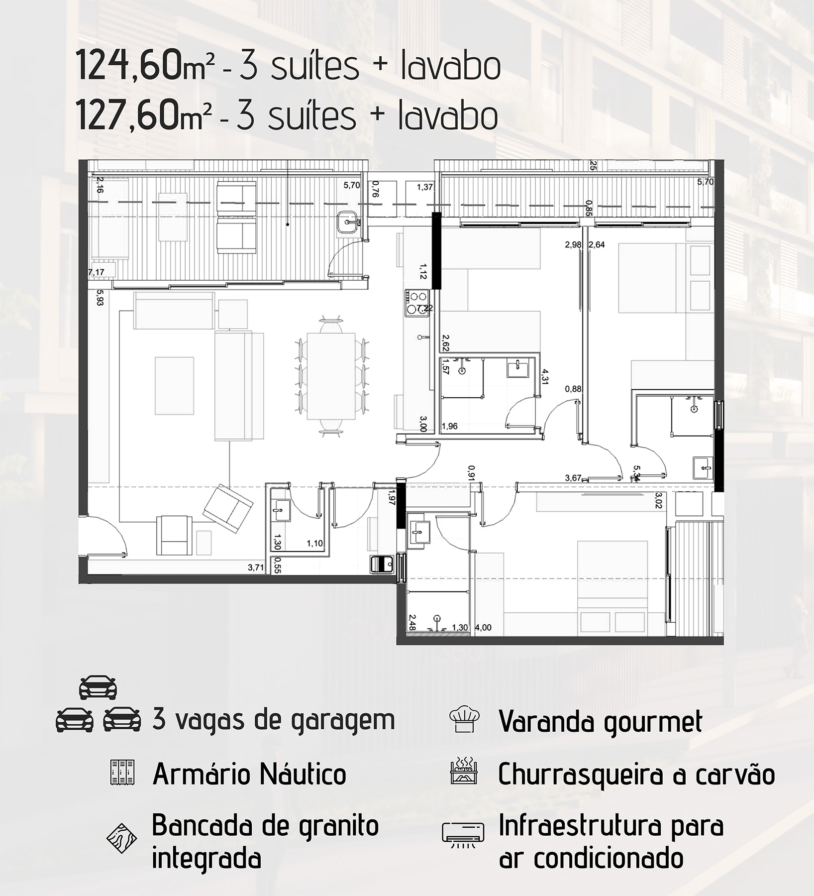 Planta de 124,60 m2 do apartamento na planta Guarani 360 na praia do Itagua em Ubatuba