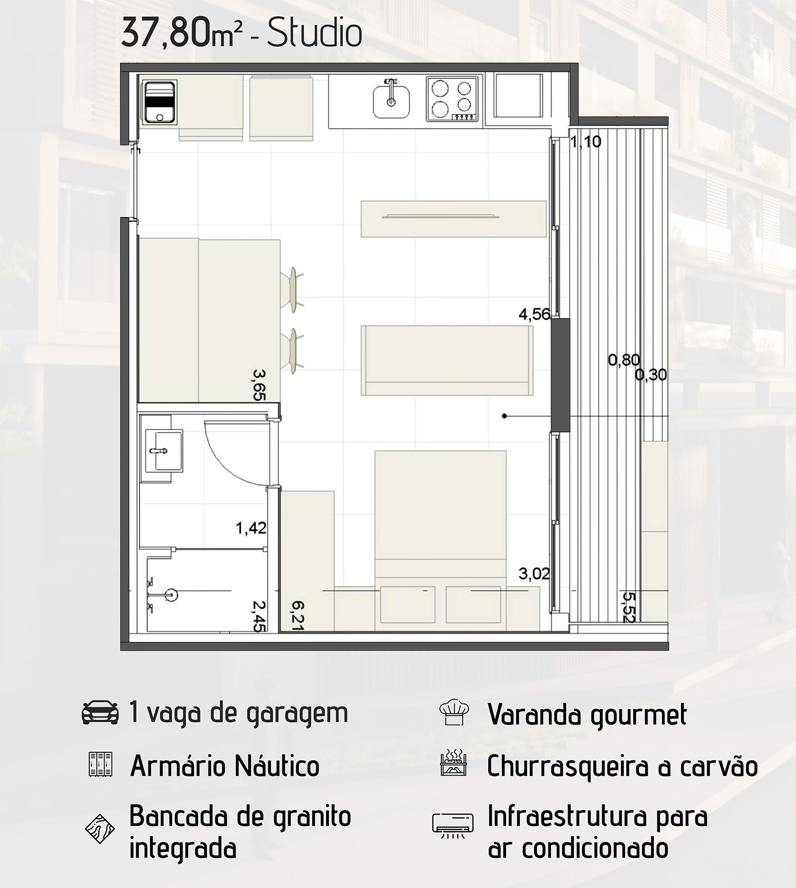 Planta de 37,80 m2 do apartamento na planta Guarani 360 na praia do Itagua em Ubatuba