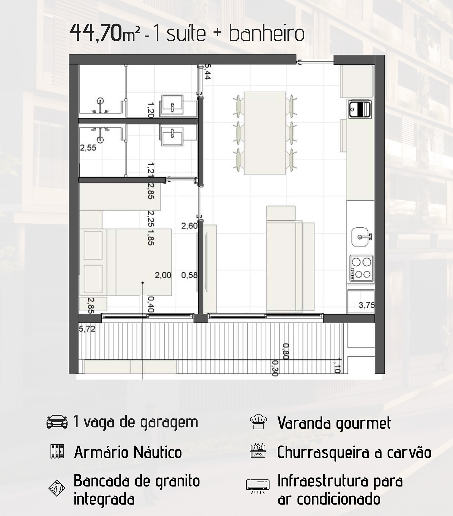 Planta de 44,70 m2 do apartamento na planta Guarani 360 na praia do Itagua em Ubatuba