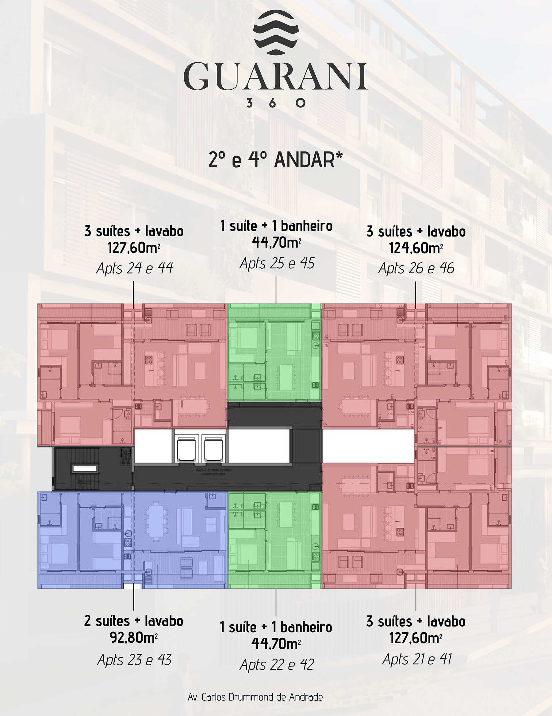 Localização dos apartamentos do apartamento na planta Guarani 360 na praia do Itagua em Ubatuba