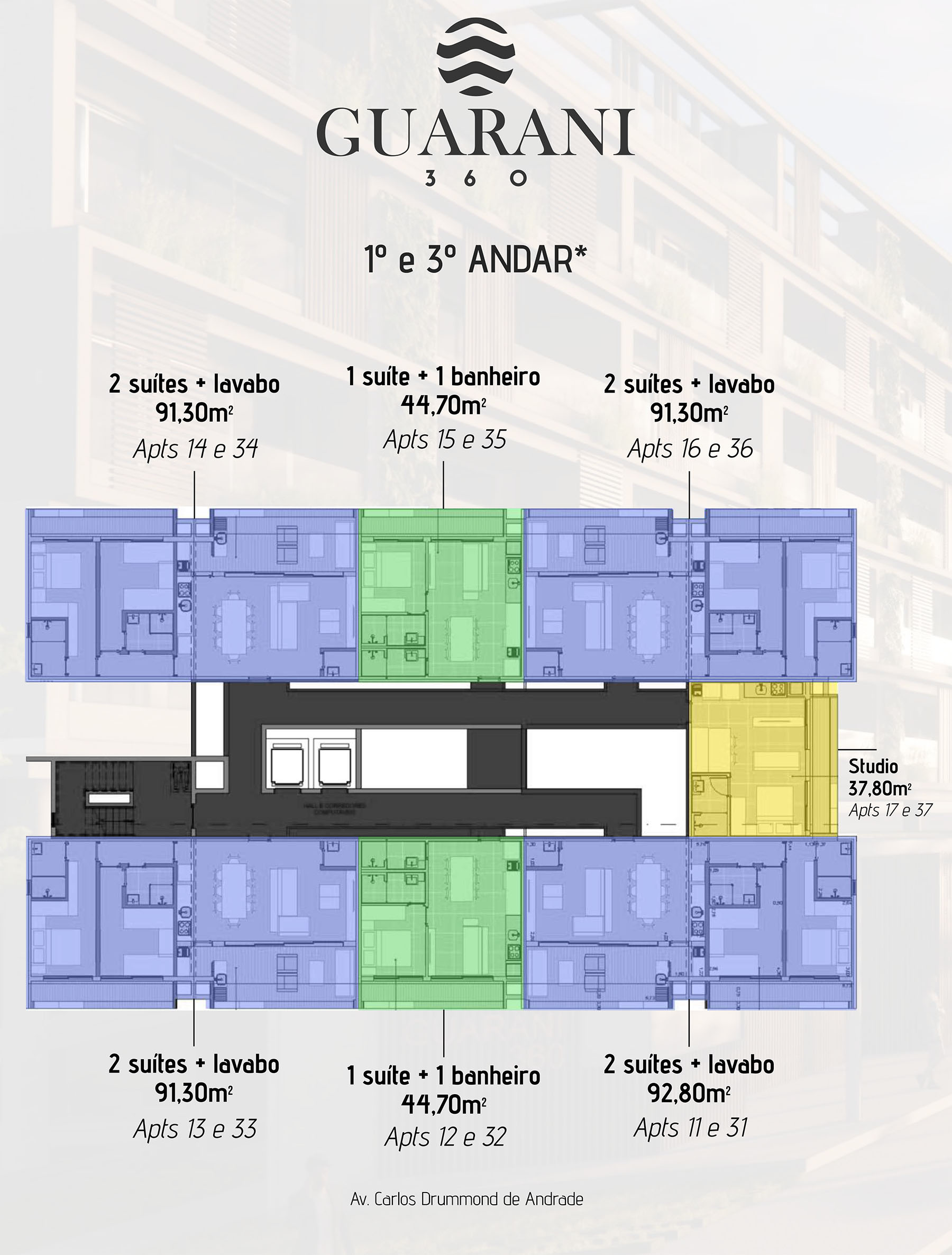 Localização dos apartamentos do apartamento na planta Guarani 360 na praia do Itagua em Ubatuba
