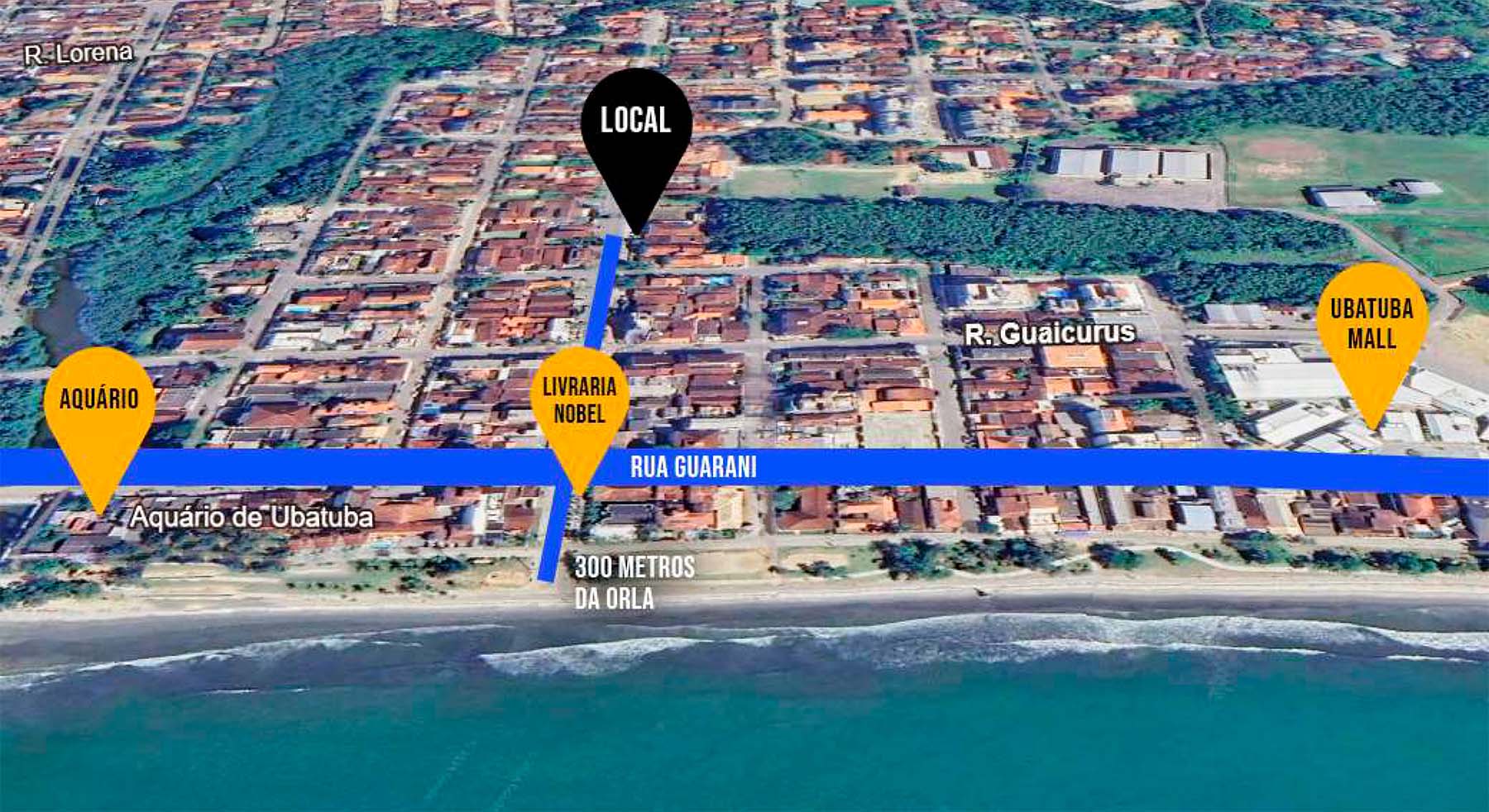 Localização do apartamento na planta Guarani 360 na praia do Itagua em Ubatuba