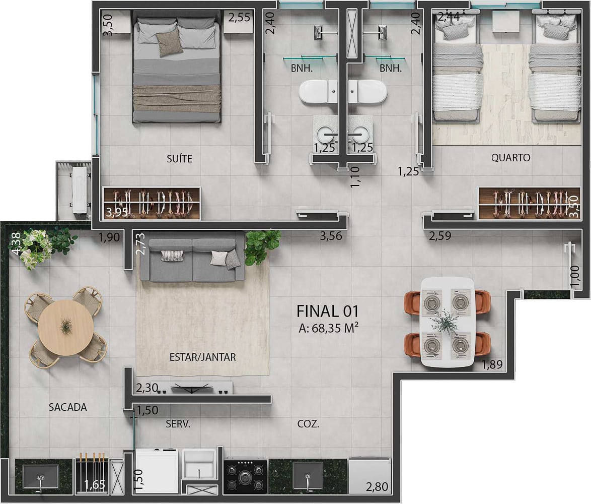 Planta do apartamento - Residencial Renoir – Miríade Construtora-Lançamento no Itaguá, Ubatuba - Preço Fechado-7