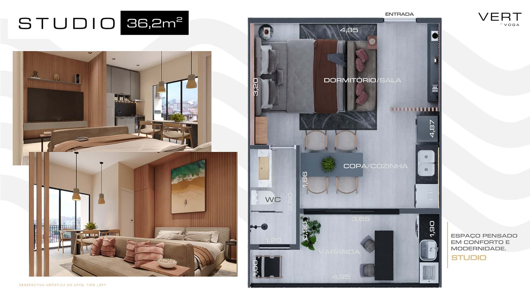 Tipos de Plantas Studios 36.2 m2 - Vert empreendimento - Localização Pereque Açu em Ubatuba 2026