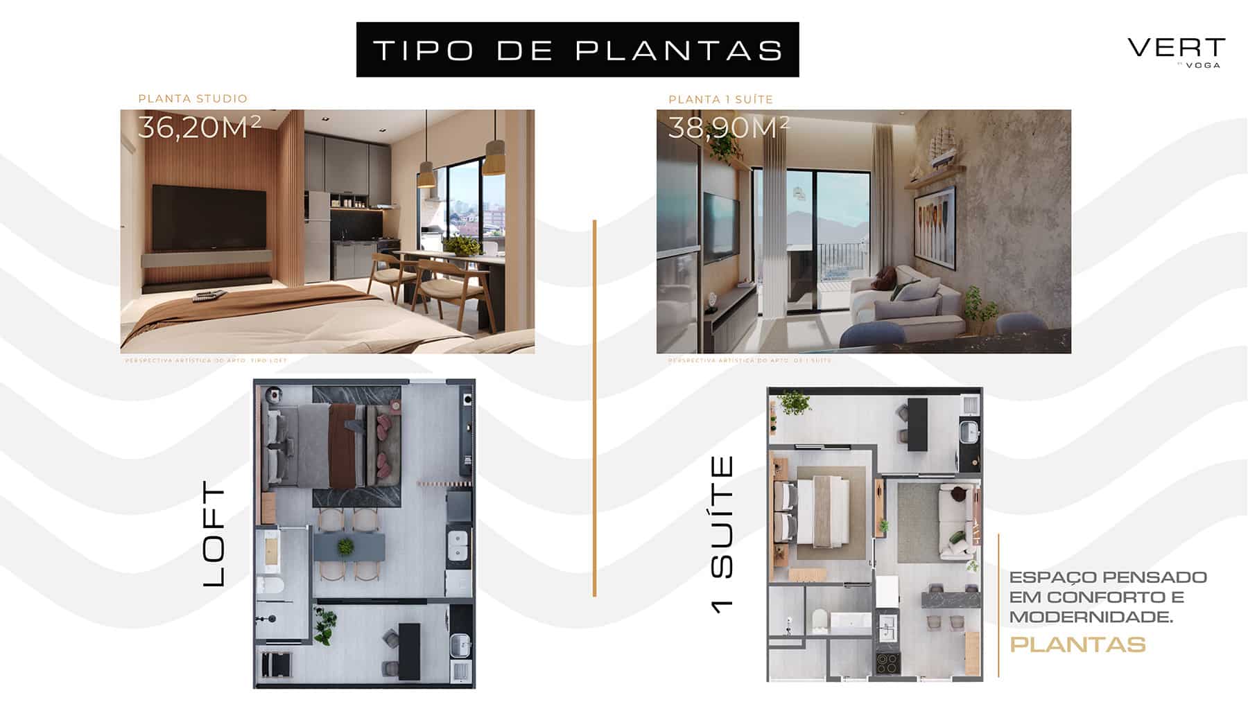 Tipos de Plantas - Vert empreendimento - Localização Pereque Açu em Ubatuba 2026